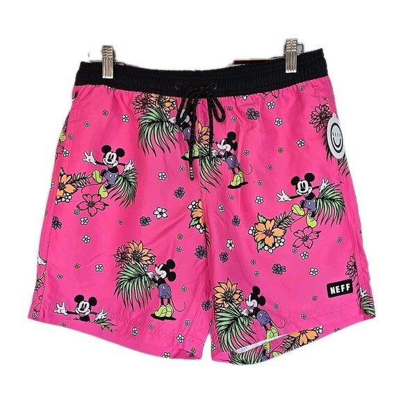 Disney Neff Mickey Mouse Mens Pink Small Drawstring Swim Shorts - Picture 1 of 9